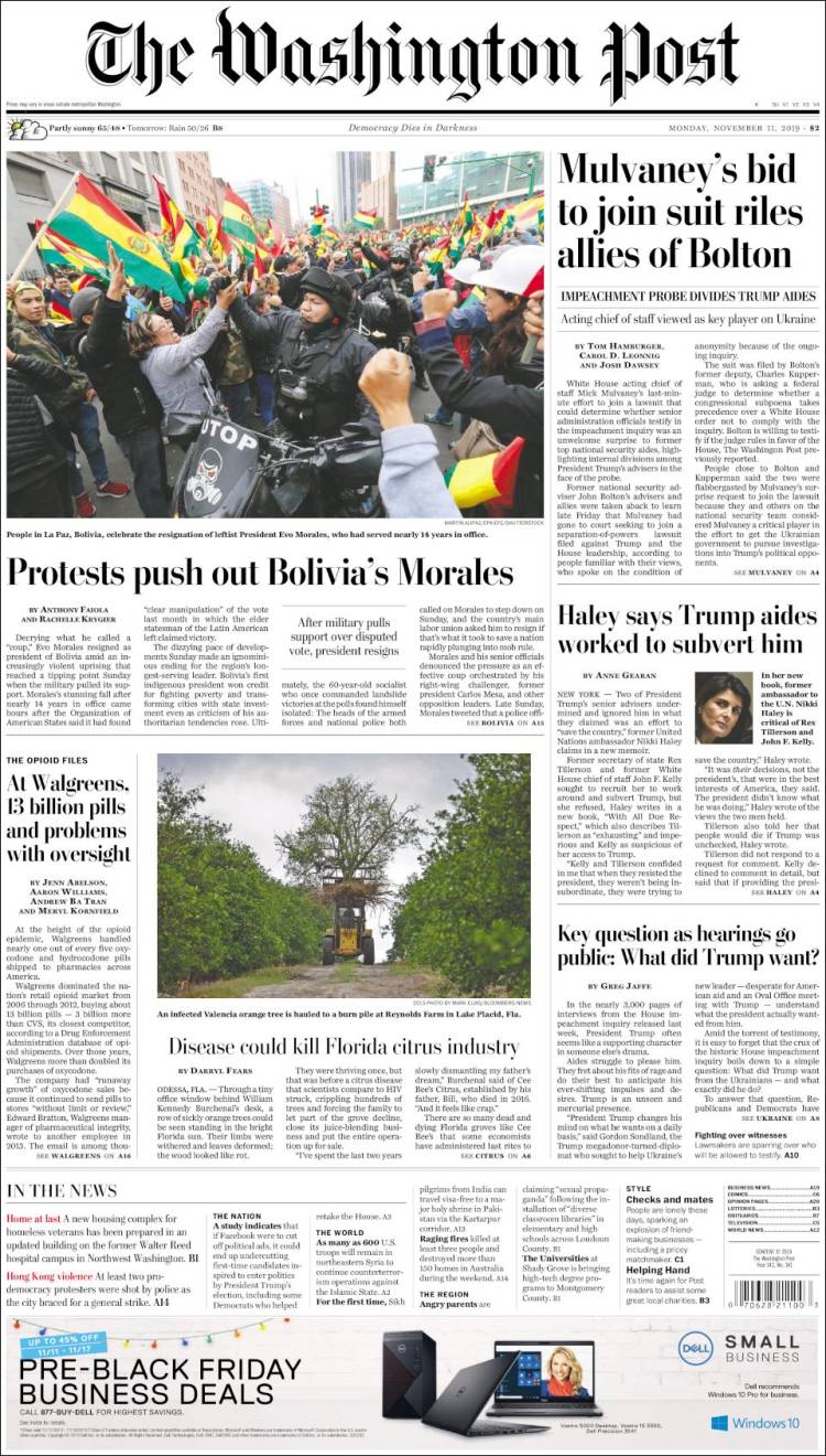 صفحه اول روزنامه واشنگتن پست/ اعتراضات مورالس رییس جمهور بولیوی را بیرون انداخت
