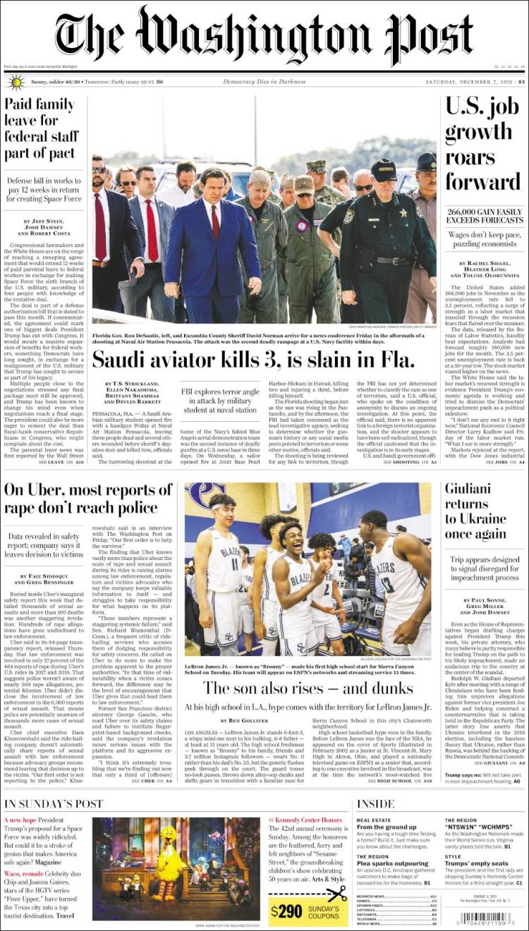 صفحه اول روزنامه واشنگتن پست/ خلبان سعودی سه نفر را در فلوریدا به قتل رساند