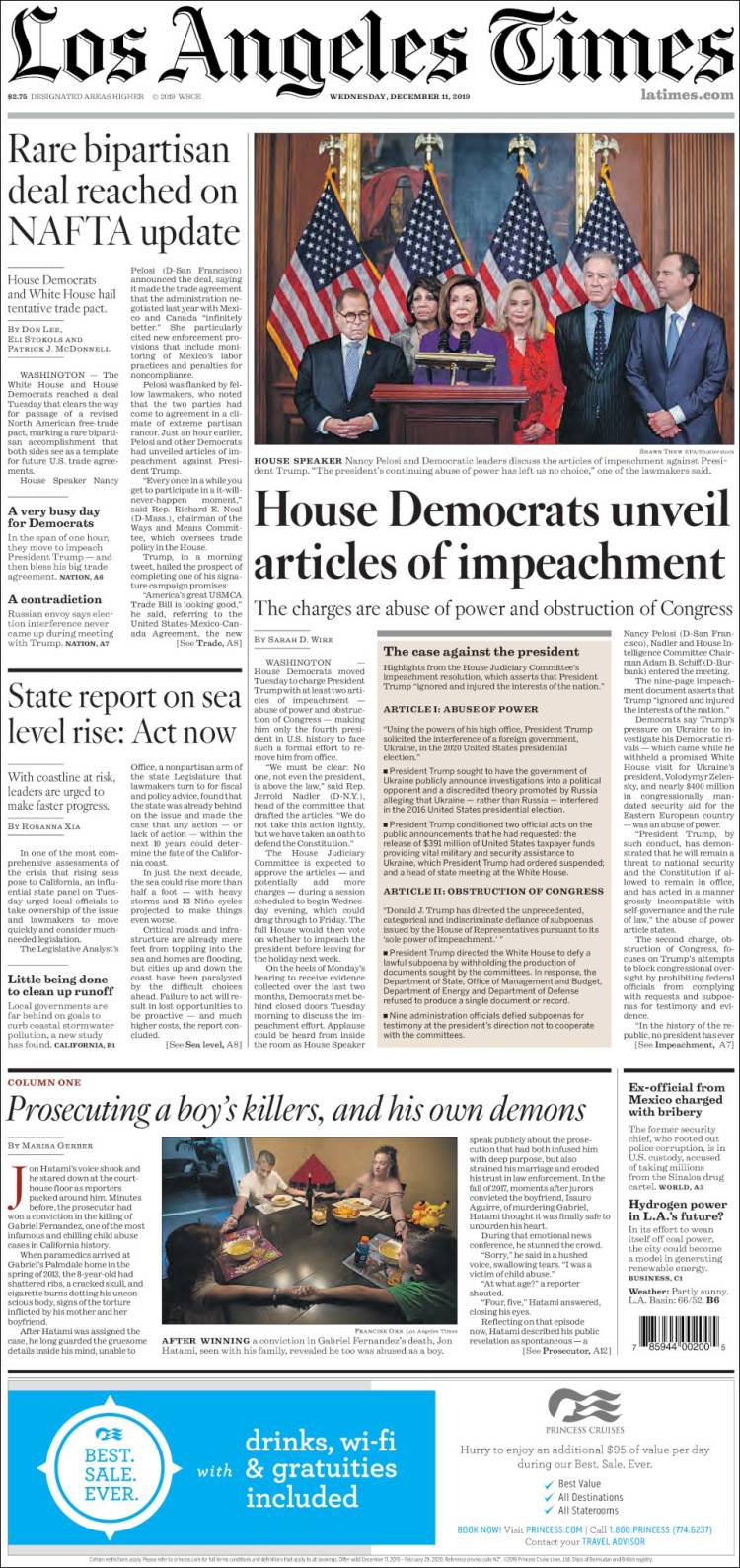 صفحه اول روزنامه لس آنجلس تایمز/ دموکرات های مجلس نمایندگان بندهای استیضاح را اعلام کردند