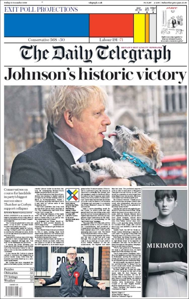 صفحه اول روزنامه دیلی تلگراف/پیروزی تاریخی جانسون