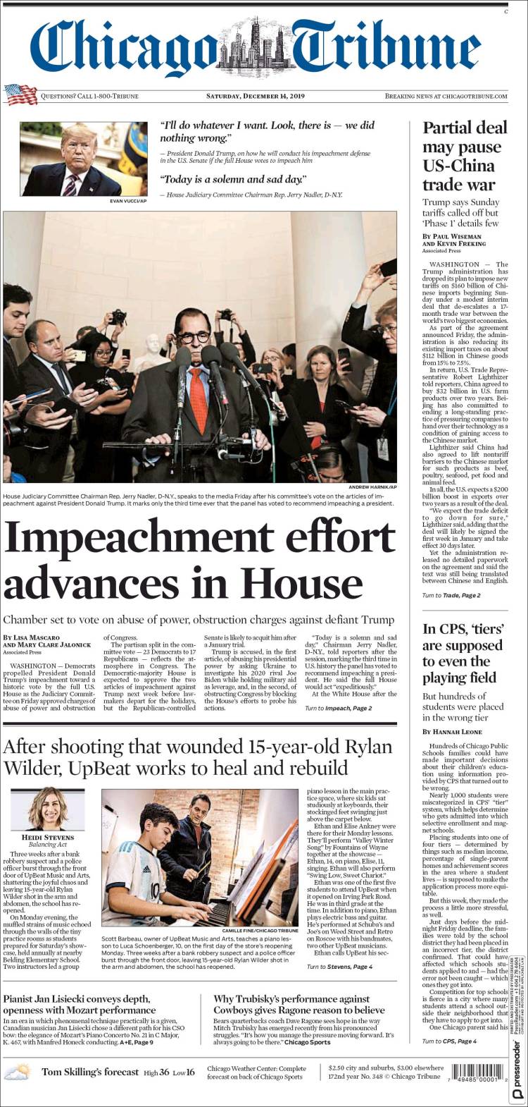 صفحه اول روزنامه شیکاگو تریبون/ توافق محدود می تواند جنگ تجاری ایالات متحده و چین را متوقف سازد