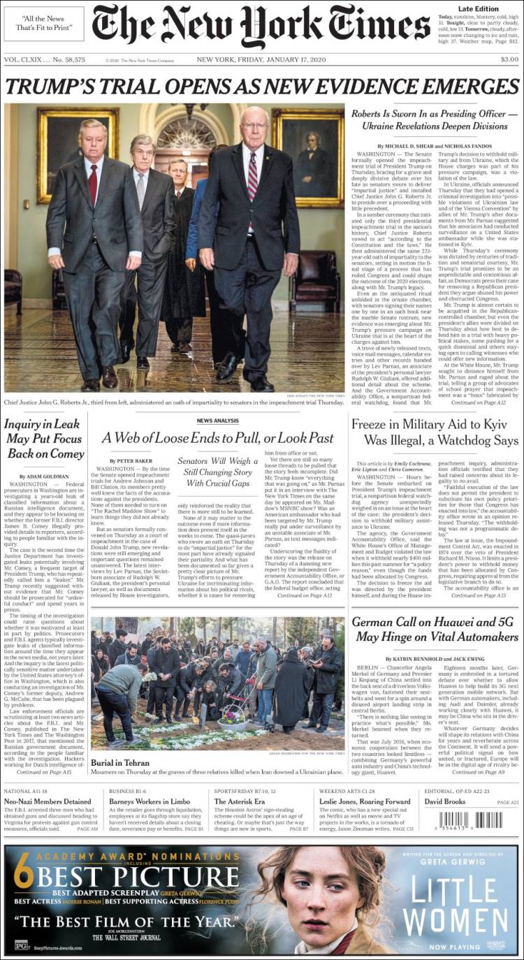 صفحه اول روزنامه نیویورک تایمز/ همزمان با پدیدار شدن شواهد جدید محاکمه ترامپ آغاز شد