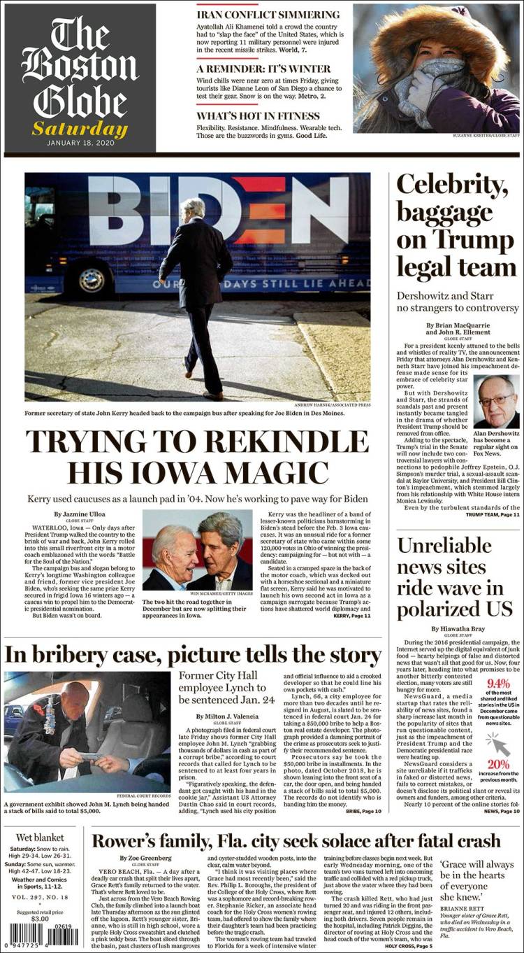 صفحه اول روزنامه بوستون گلوب/ تلاش کری برای روشن کردن دوباره معجزه آیوا