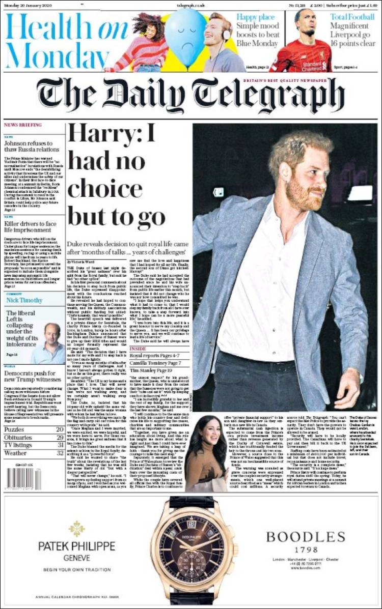 صفحه اول روزنامه دیلی تلگراف/ هری: من گزینه ای جز رفتن نداشتم