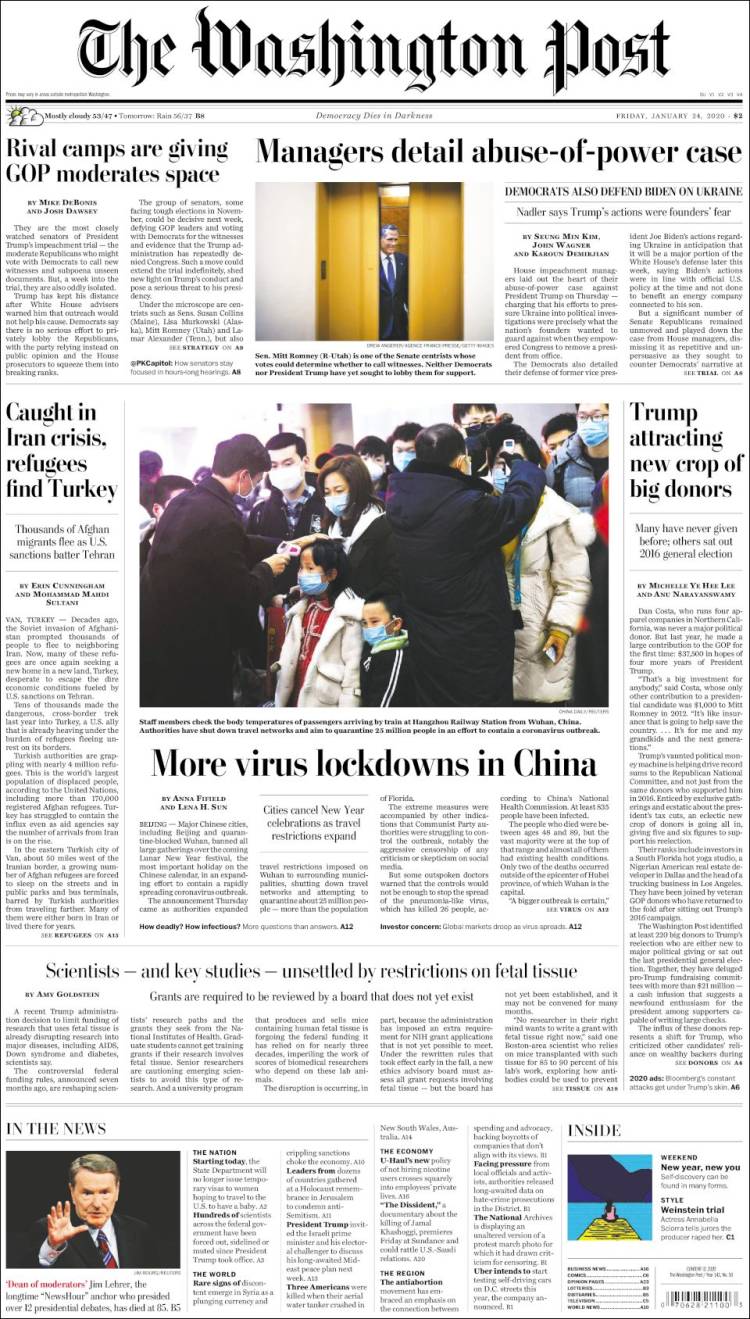 صفحه اول روزنامه واشنگتن پست/ قرنطینه های بیشتر در رابطه با ویروس در چین