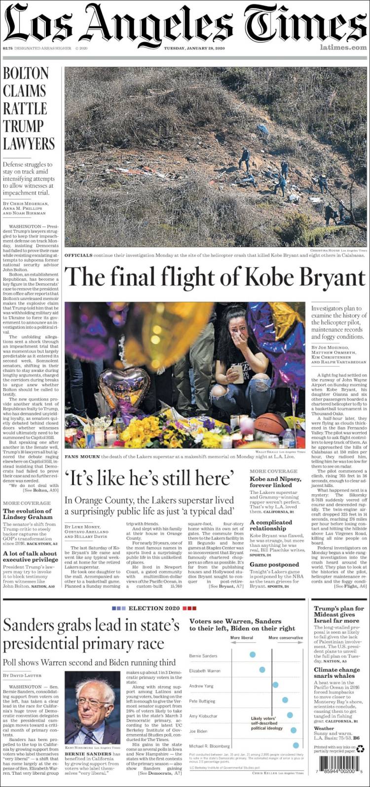 صفحه اول روزنامه لس آنجلس تایمز/ آخرین پرواز کوبی برایانت