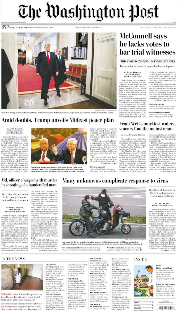 صفحه اول روزنامه واشنگتن پست/ در میانه ابهام ها، ترامپ از طرح صلح خاورمیانه رونمایی کرد