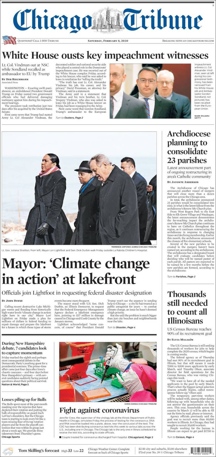 صفحه اول روزنامه شیکاگو تریبون/ کاخ سفید یک شاهد کلیدی استیضاح را برکنار کرد