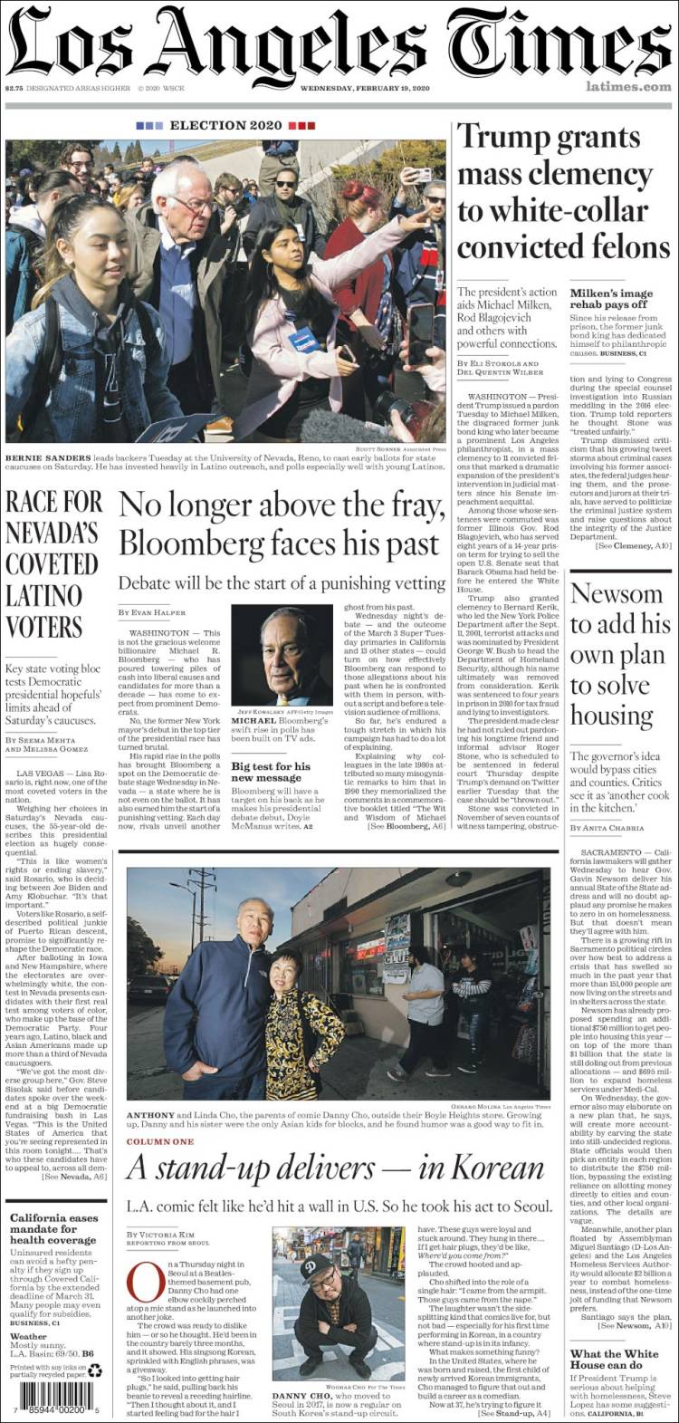 صفحه اول روزنامه لس آنجلس تایمز/ رقابت در نوادا برای جلب نظر رای دهندگان لاتین تبار