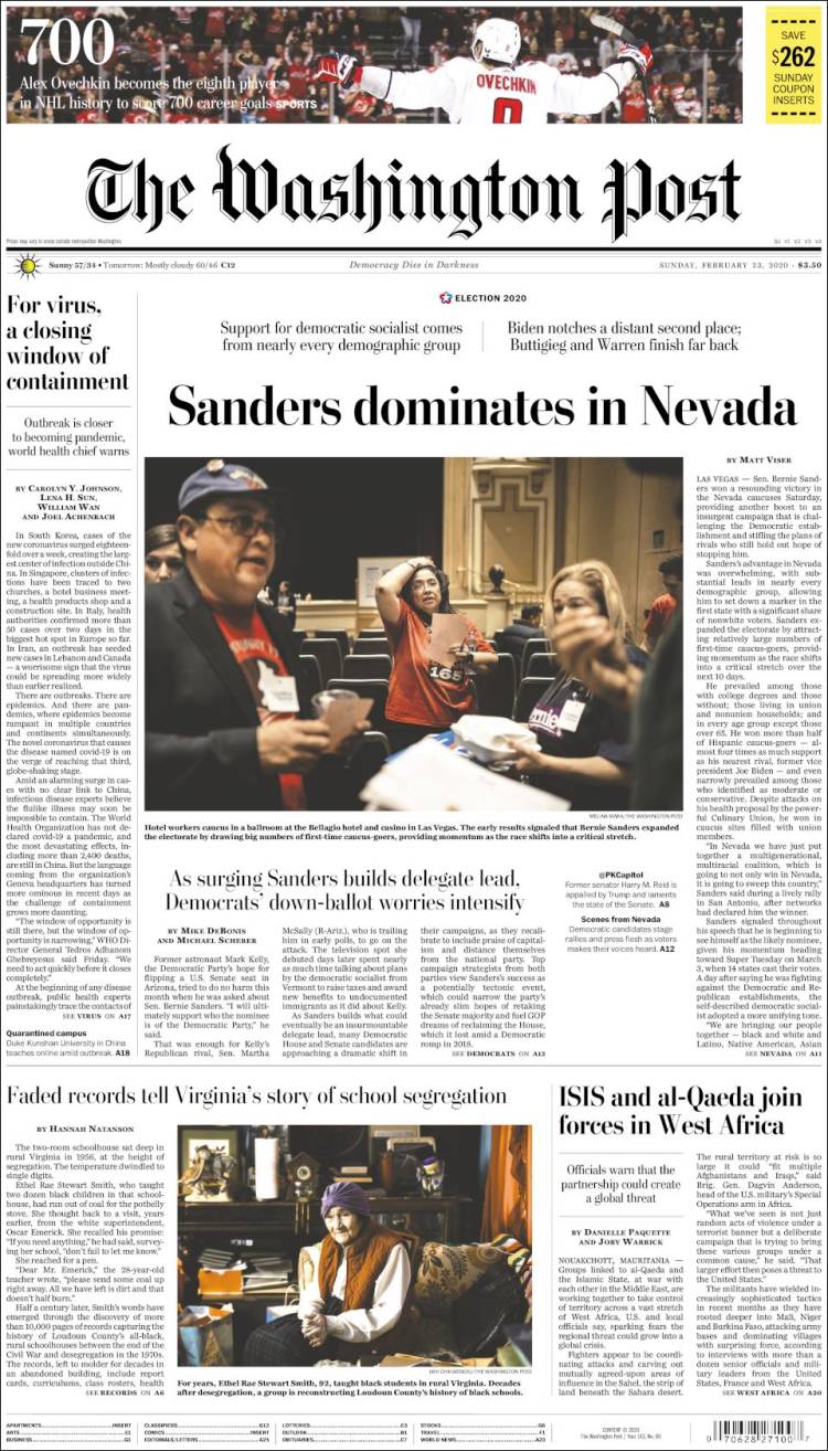 صفحه اول روزنامه واشنگتن پست/ سندرز در نوادا بر رقیبانش چیره گشت