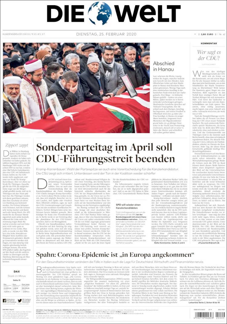 صفحه اول روزنامه آلمانی دی ولت
