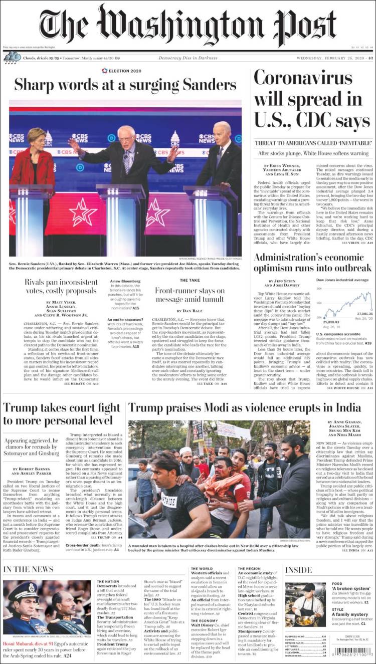 صفحه اول روزنامه واشنگتن پست/ کلمات تند و تیز علیه موج سندرز