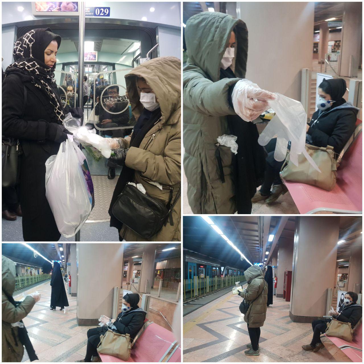 توزیع دستکش توسط یک شهروند در قطار شهری مشهد