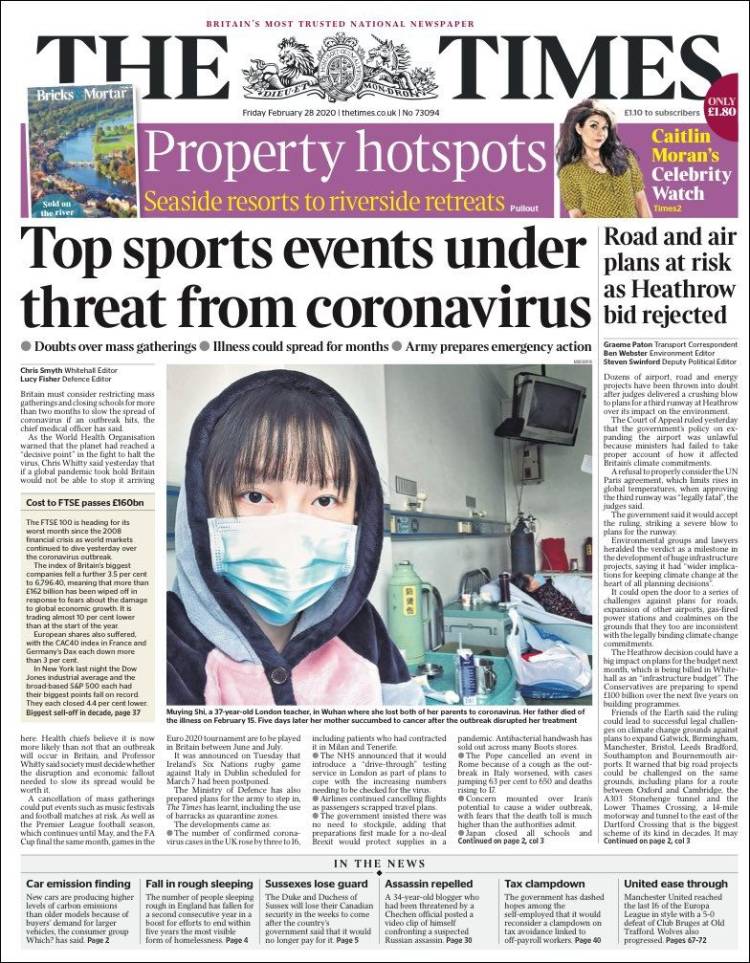 صفحه اول روزنامه تایمز/ مسابقات مهم ورزشی زیر تهدید ویروس کرونا