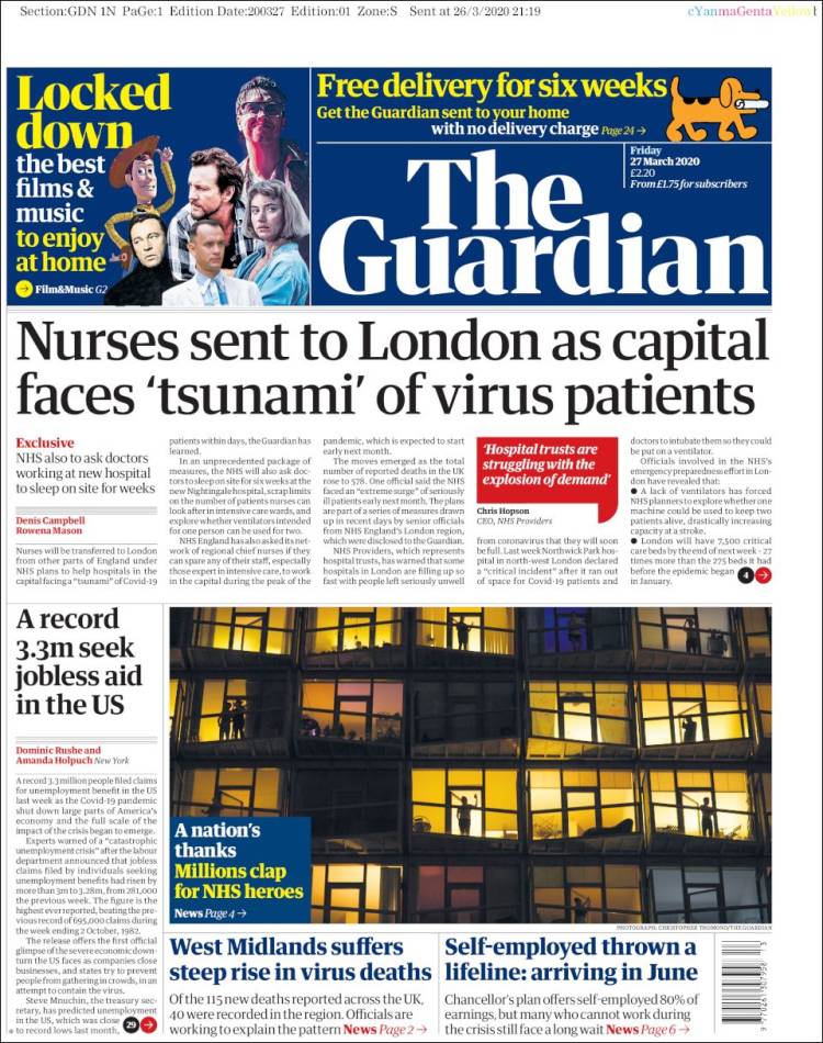 صفحه اول روزنامه گاردین/ لندن با تسونامی بیماران مبتلا به ویروس مواجه است