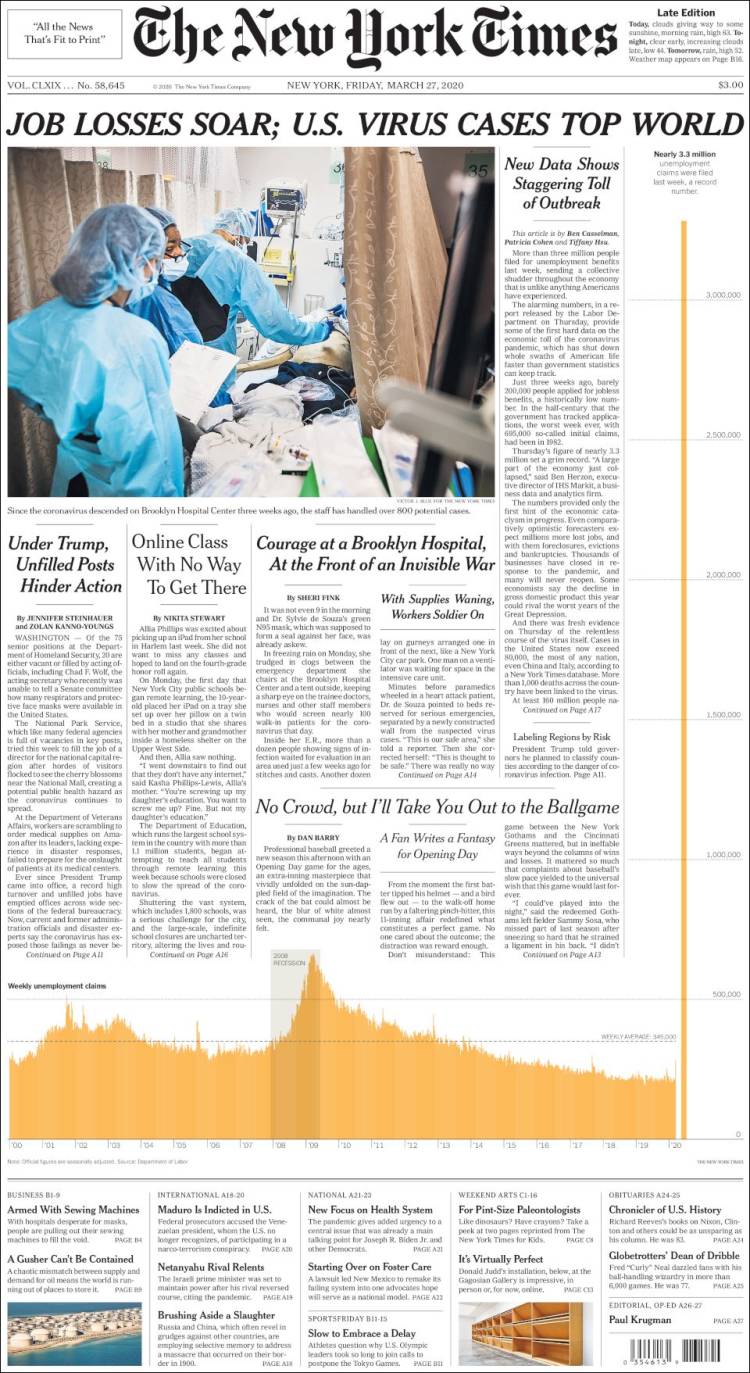 صفحه اول روزنامه نیویورک تایمز/ افزایش شدید بیکاری، موارد مبتلا به بالاترین سطح در جهان رسید