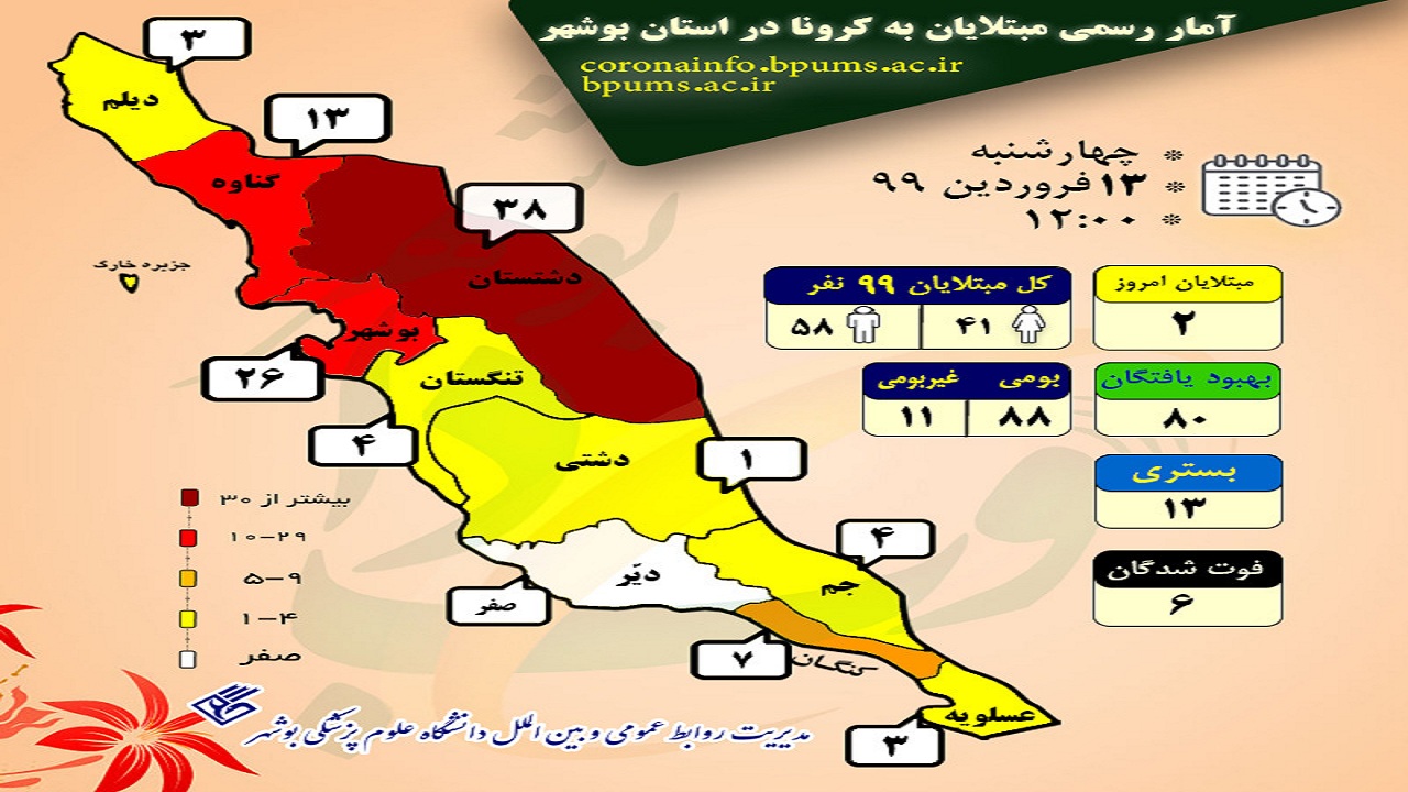 اینفوگرافی مبتلایان به کرونا در بوشهر