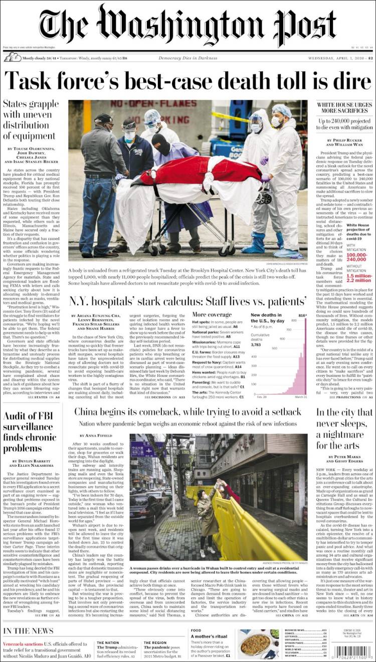 صفحه اول روزنامه واشنگتن پست/ بهترین سناریو درباره شمار مرگ و میر وحشتناک است