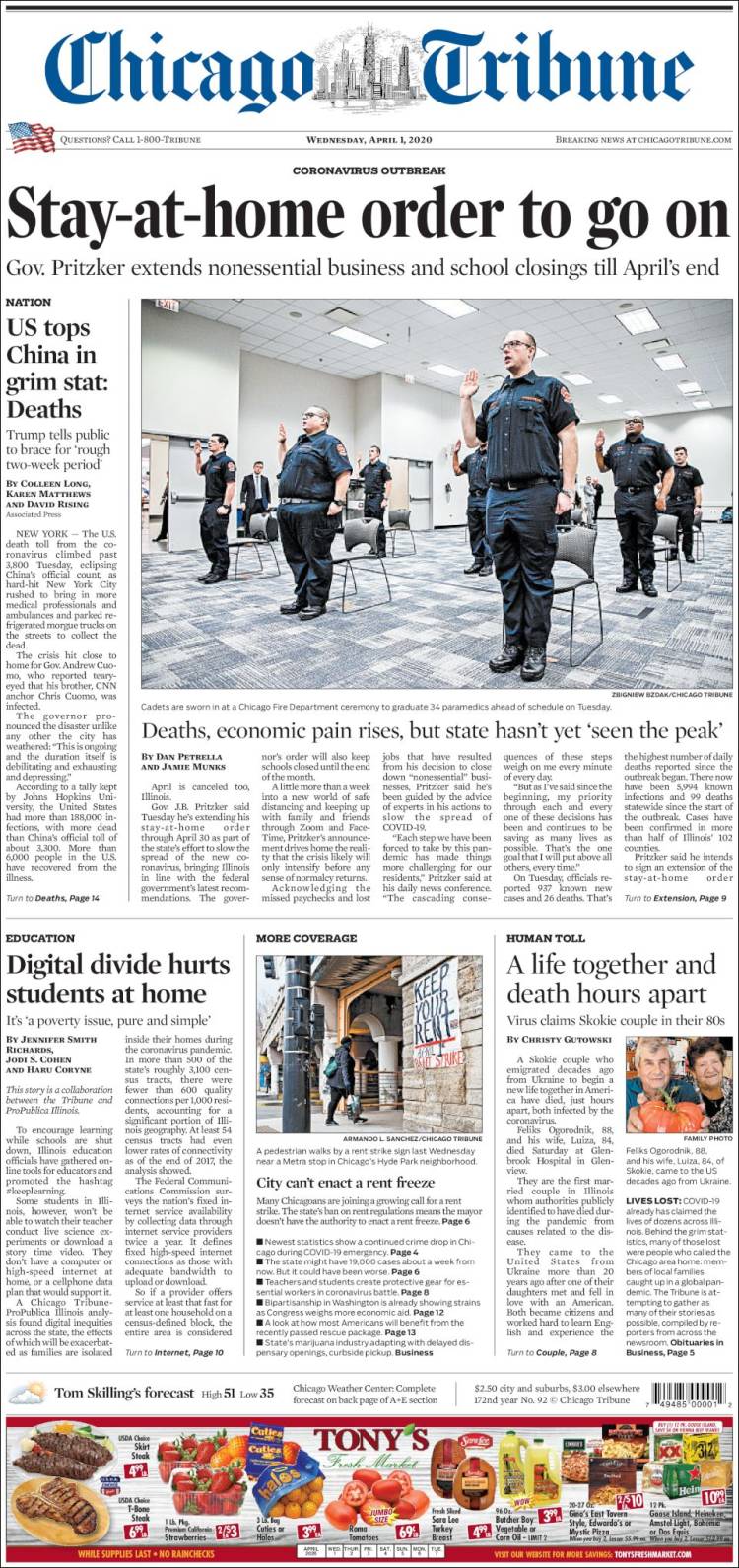 صفحه اول روزنامه شیکاگو تریبون/ ایالات متحده در آمار دلخراش مرگ بالای چین قرار گرفت