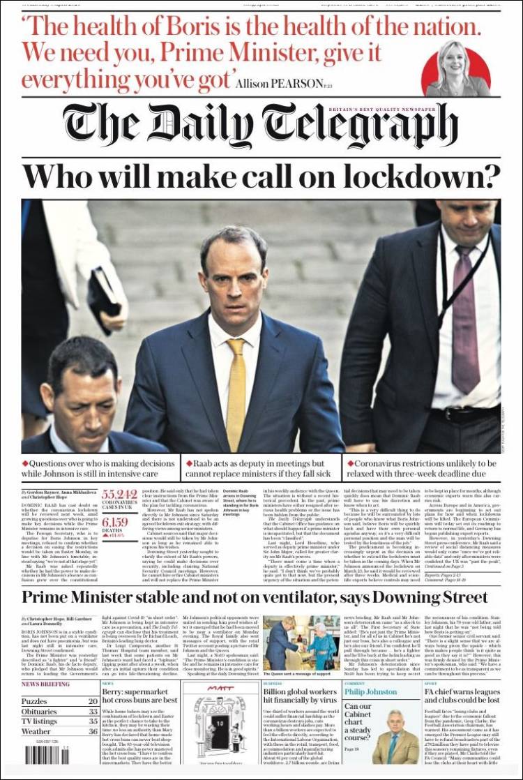 صفحه اول روزنامه دیلی تلگراف/ چه کسی درباره قرنطینه تصمیم خواهد گرفت؟