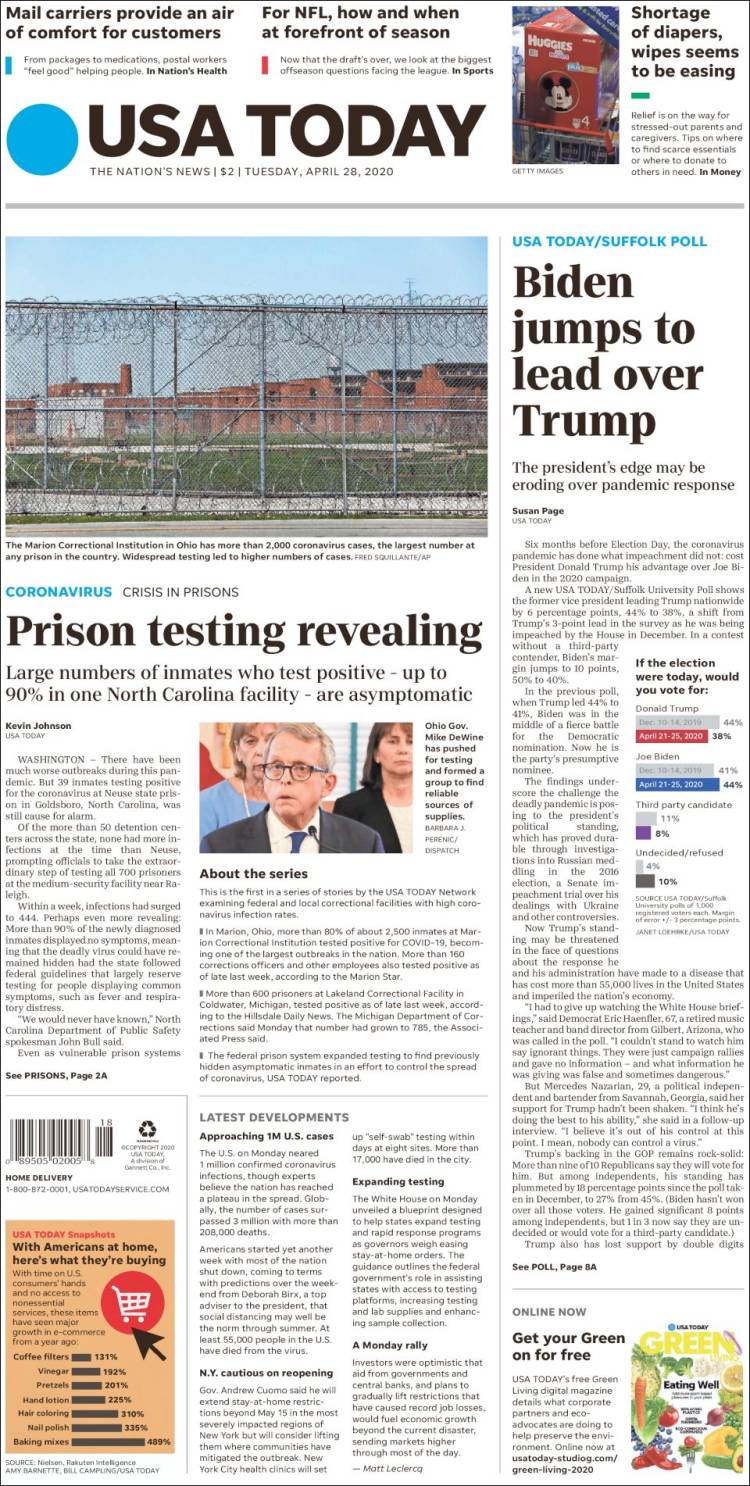 صفحه اول روزنامه یو اس ای تودی/ پرش بایدن برای پیشتازی در برابر ترامپ