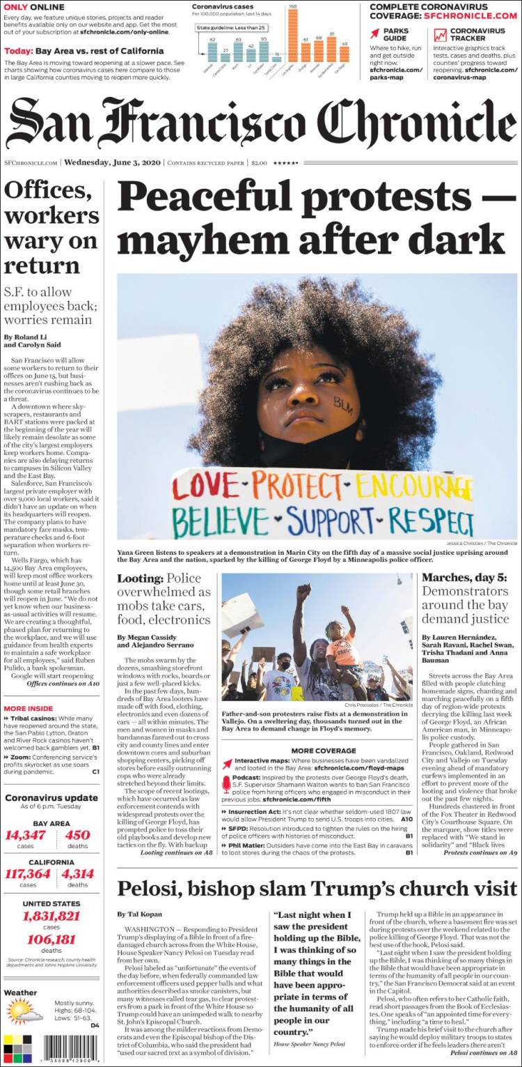صفحه اول روزنامه سان فرانسیسکو کرونیکل/ اعتراضات مسالمت آمیز پس از تاریکی خشن شد