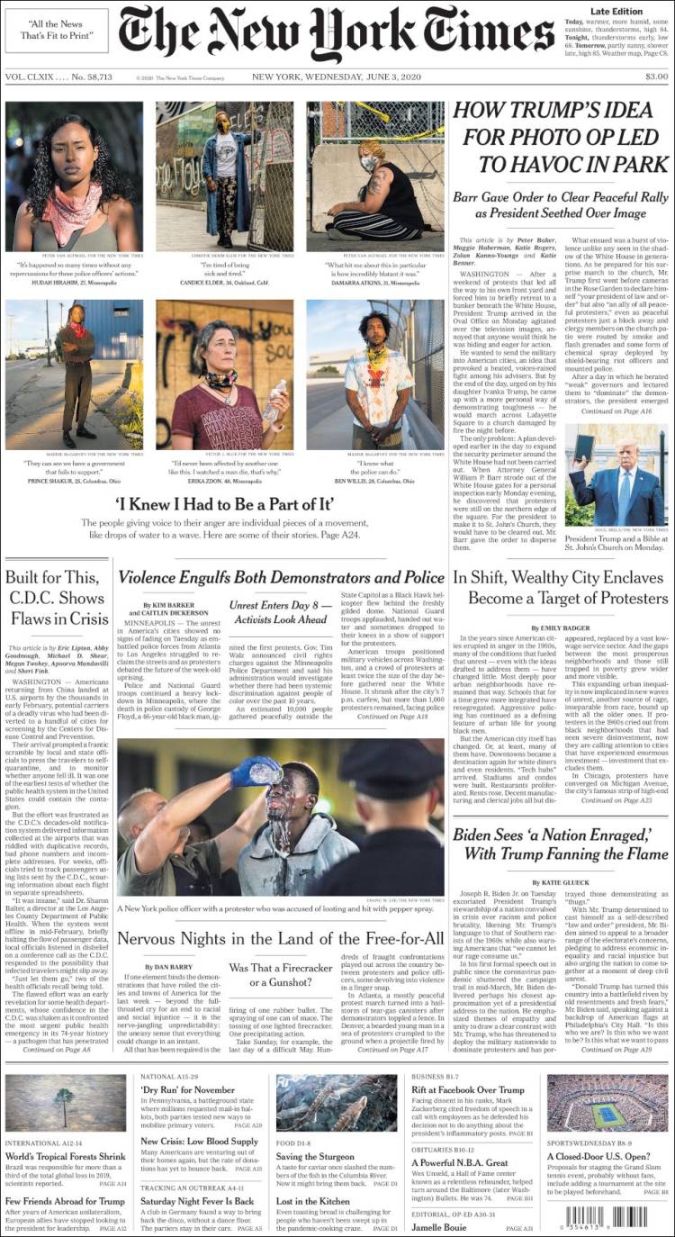 صفحه اول روزنامه نیویورک تایمز/ خشونت هم تظاهرکنندگان و هم پلیس را دربرگرفت