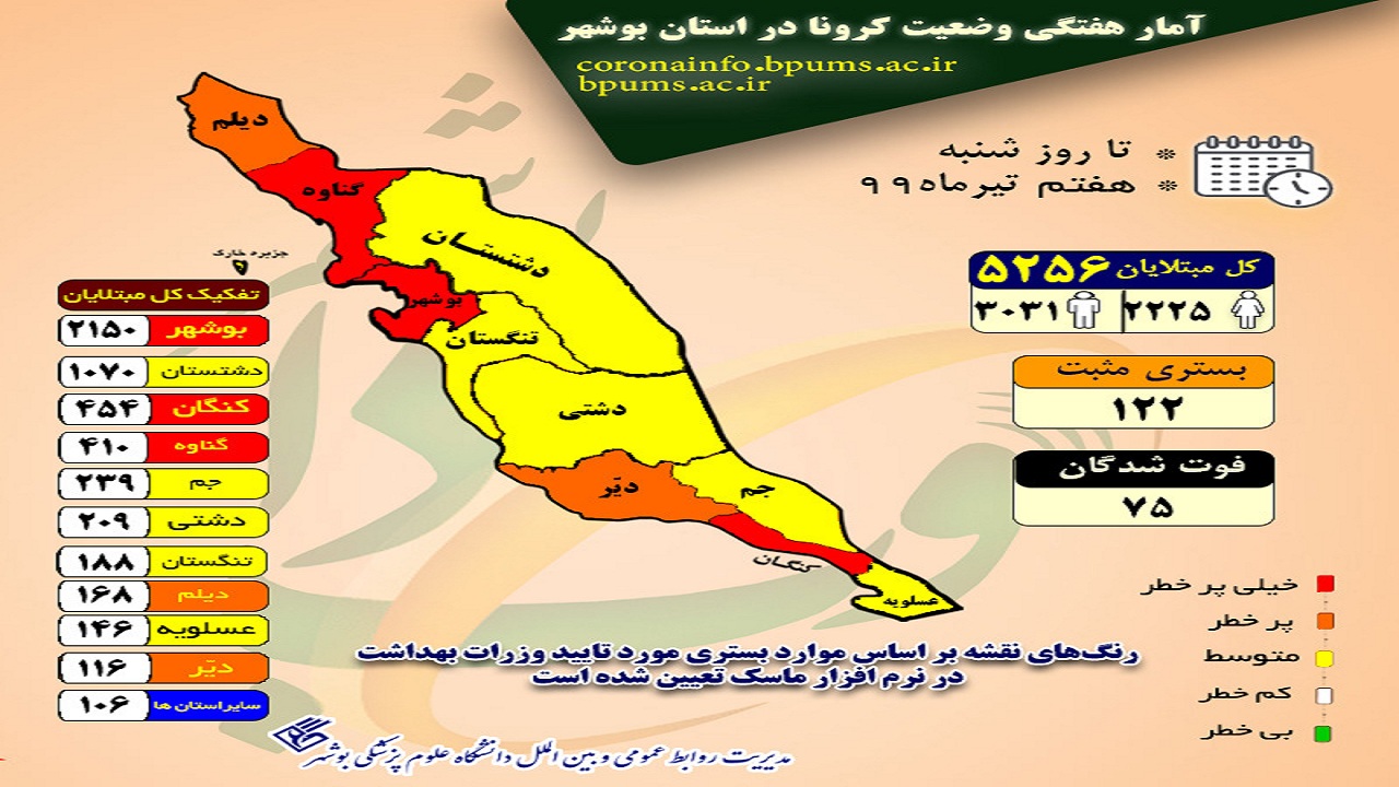 اینفوگرافی پراکندگی مبتلایان کرونا در استان بوشهر