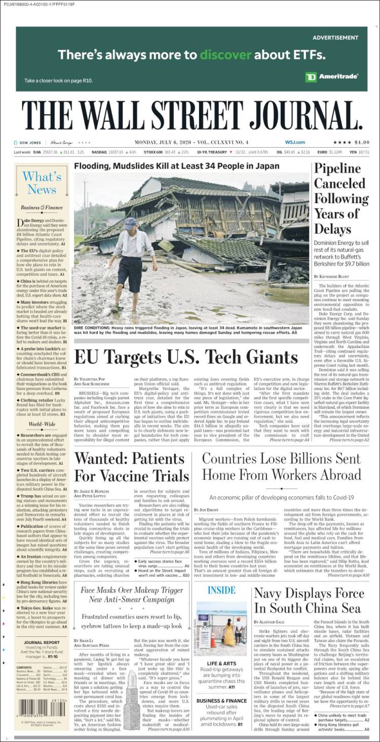 صفحه اول روزنامه وال استریت ژورنال/ اتحادیه اروپا غول های تکنولوژی ایالات متحده را هدف گرفت