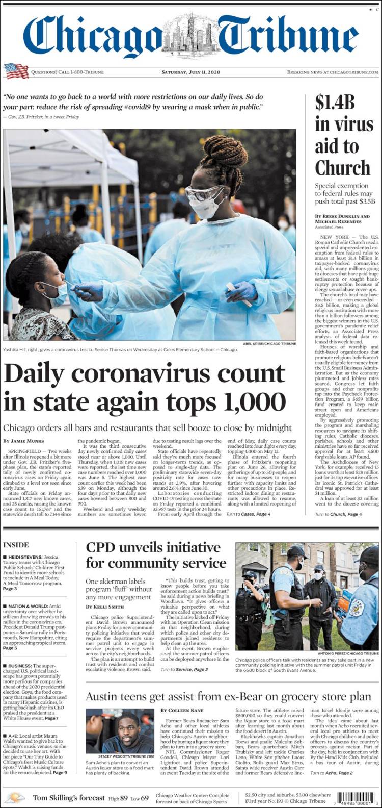 صفحه اول روزنامه شیکاگو تریبون/ شمار روزانه ابتلا به ویروس کرونا در ایالت بار دیگر بالاتر از 1000 شد