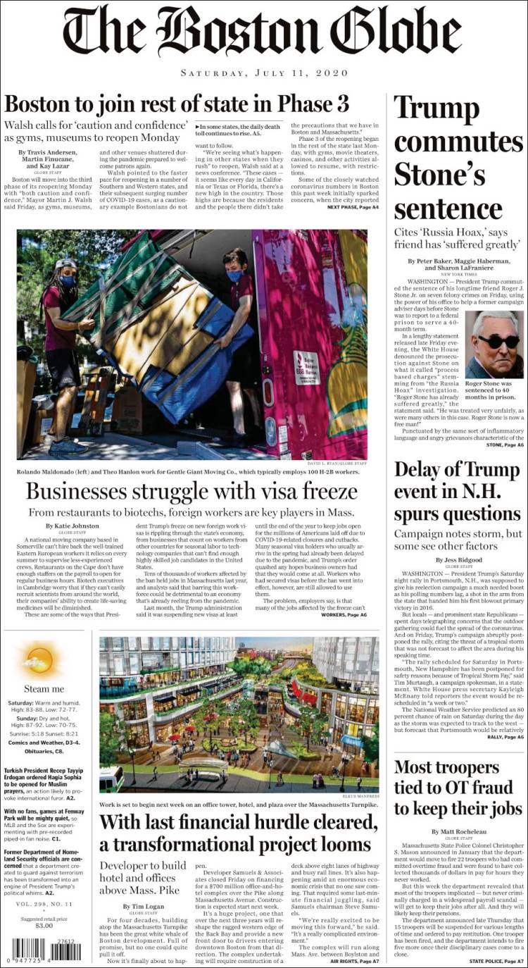 صفحه اول روزنامه بوستون گلوب/ تعویق گردهمایی ترامپ در نیوهمپشایر سوال برانگیز شد