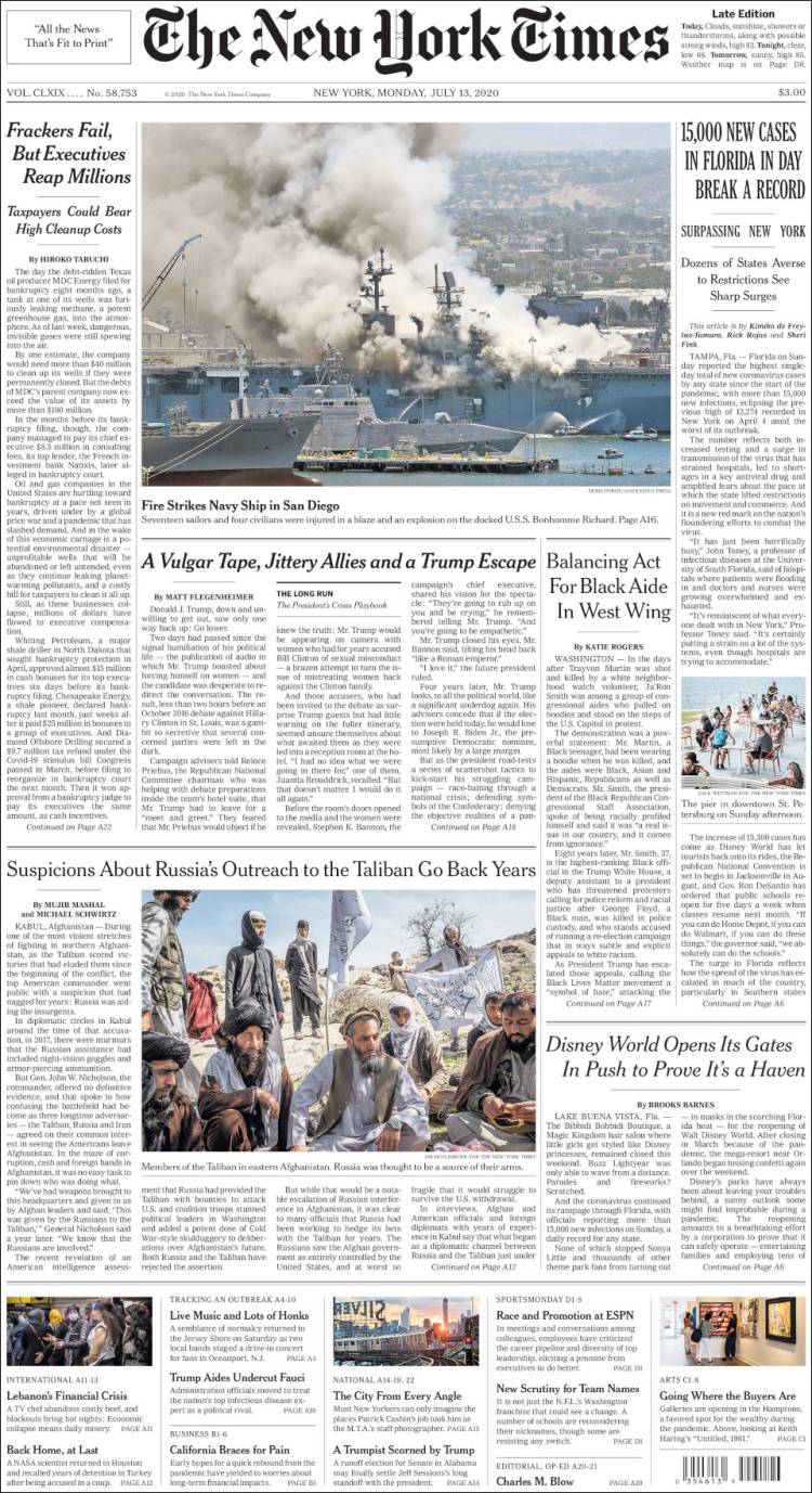 صفحه اول روزنامه نیویورک تایمز/ آتش گرفتن ناو جنگی در سن دیگو