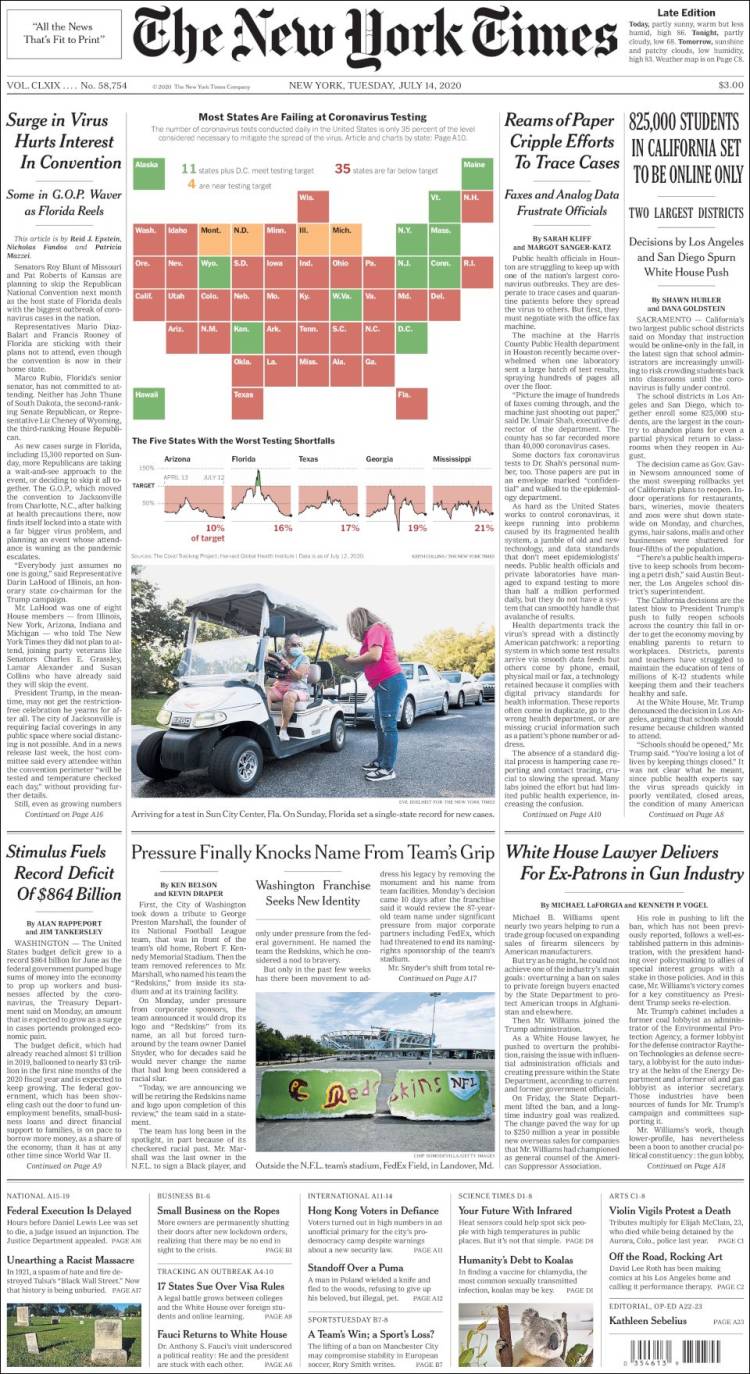 صفحه اول روزنامه نیویورک تایمز/ 825 هزار دانش آموز در کالیفرنیا فقط آموزش آنلاین می ببینند