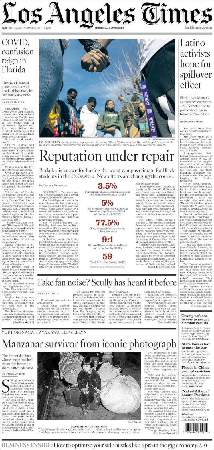 صفحه اول روزنامه لس آنجلس تایمز/ کووید؛ سرگشتگی بر فلوریدا حکم می راند