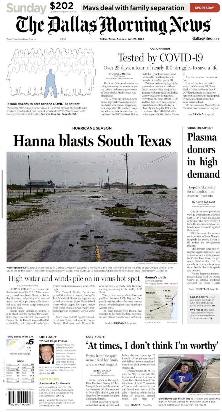 صفحه اول روزنامه دالاس مورنینگ نیوز/ فصل تندباد؛ هانا جنوب تگزاس را هدف قرار داد