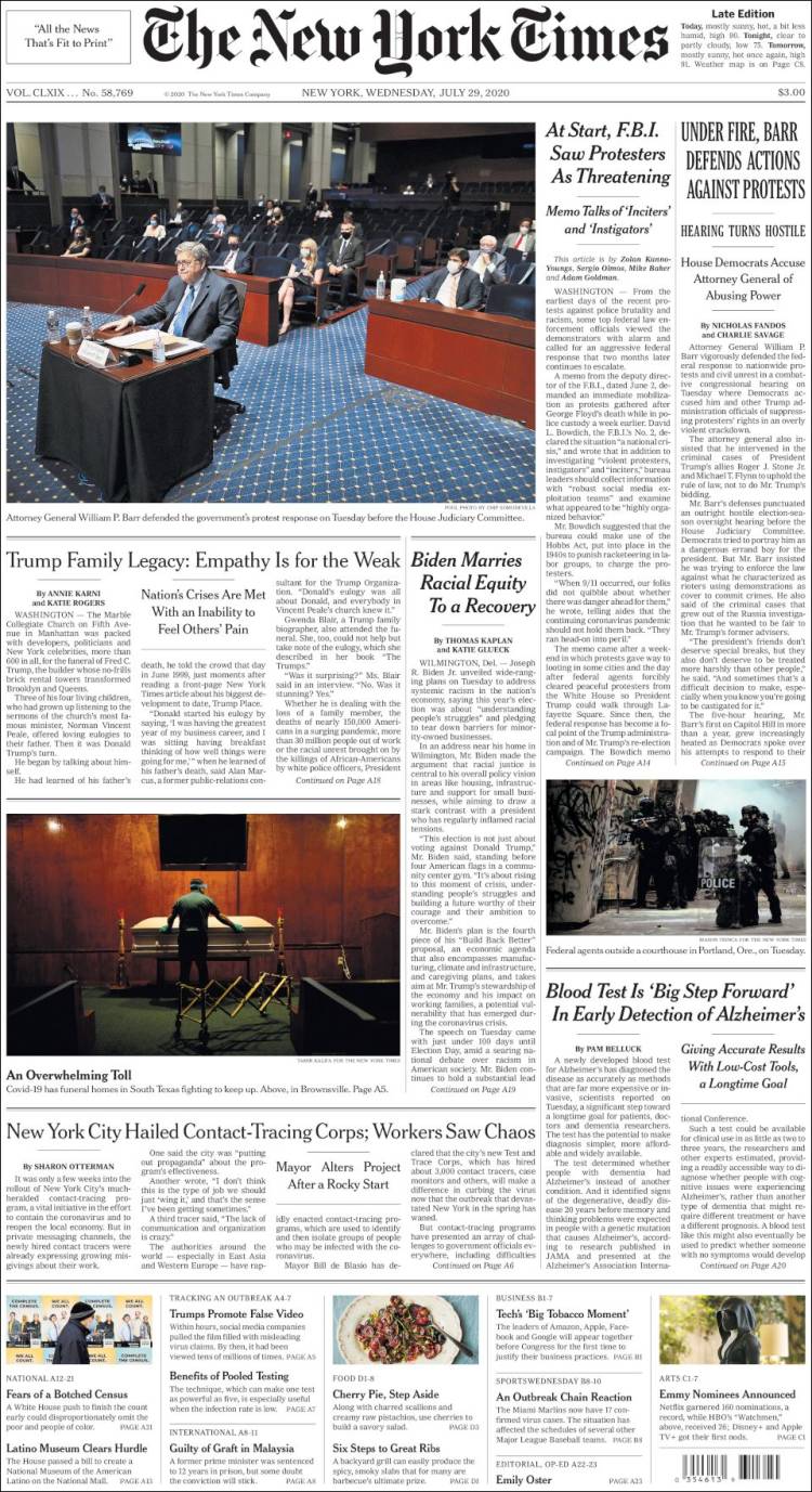 صفحه اول روزنامه نیویورک تایمز/ زیر آتش، بار از اقدامات علیه اعتراضات دفاع کرد