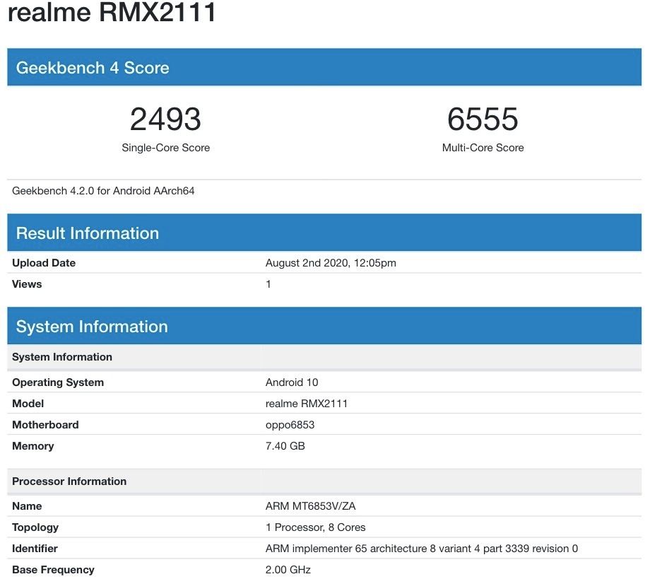 بنچمارک GeekBench مدیاتک Dimensity 720 روی ریلمی V5 لو رفت