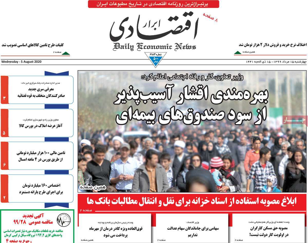 صفحه اول روزنامه ابرار اقتصادی
