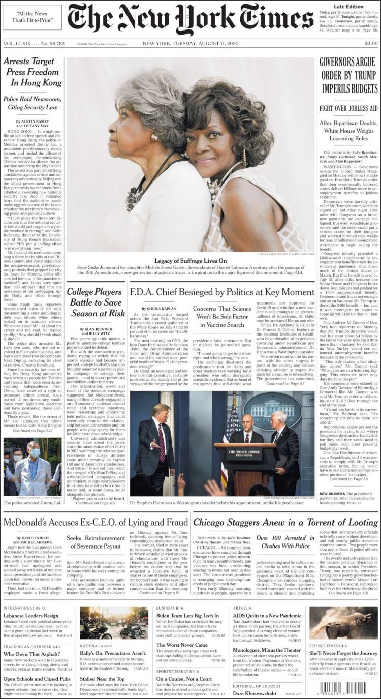 صفحه اول روزنامه نیویورک تایمز/ دستگیری ها آزادی بیان در هنگ کنگ را هدف قرار داد