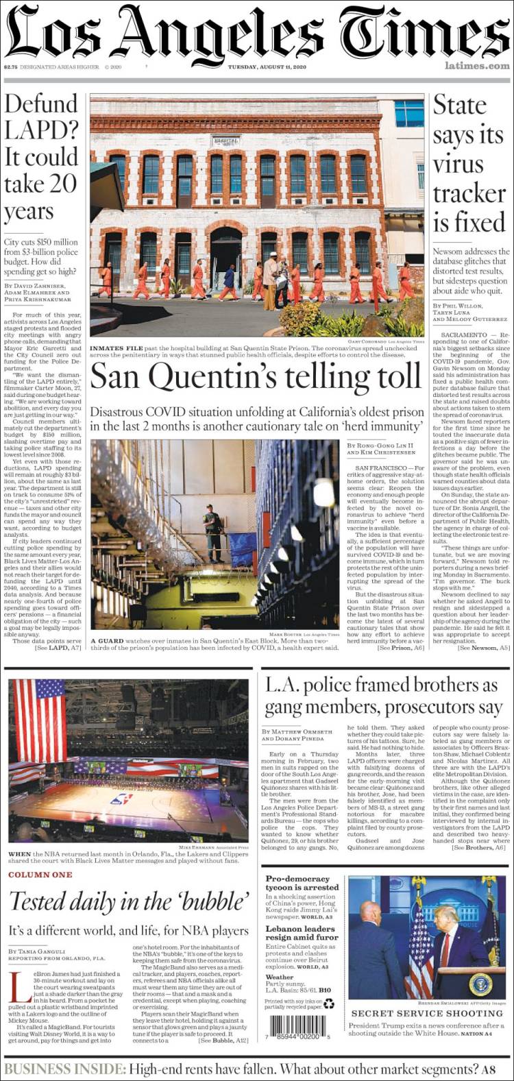 صفحه اول روزنامه لس آنجلس تایمز/ منحل کردن پلیس لس آنجلس؟ می تواند 20 سال طول بکشد