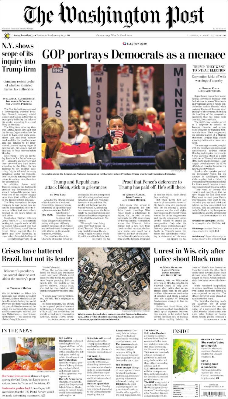 صفحه اول روزنامه واشنگتن پست/ جمهوری خواهان، دموکرات ها را به عنوان خطر به تصویر کشیدند