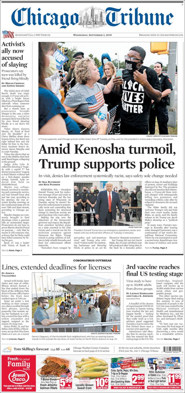 صفحه اول روزنامه شیکاگو تریبون/ در میان آشوب کنوشا ترامپ از پلیس حمایت کرد