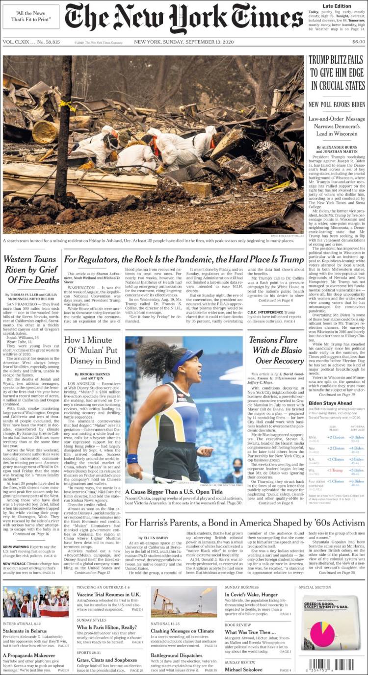 صفحه اول روزنامه نیویورک تایمز/ حمله برق آسای ترامپ نتوانست در ایالت های حساس او را به مرز برساند