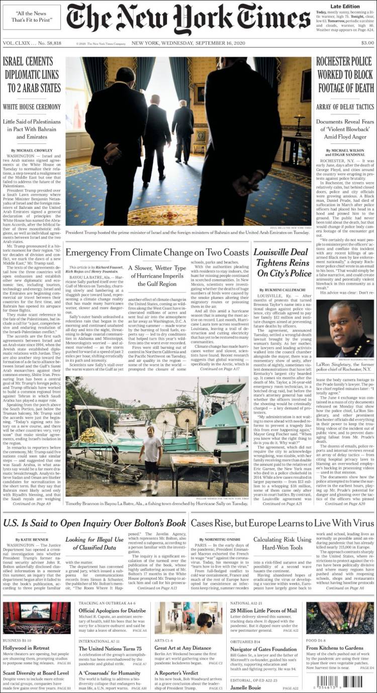 صفحه اول روزنامه نیویورک تایمز/ اسرائیل با دو دولت عربی رابطه دیپلماتیک ایجاد کرد