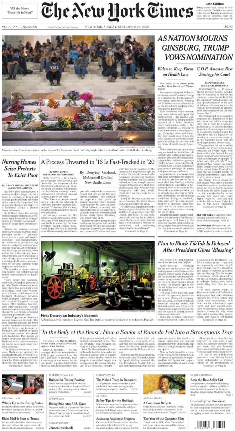 صفحه اول روزنامه نیویورک تایمز/ در حالی که کشور سوگوار گینزبرگ است ترامپ به دنبال نامزد کردن جایگزین اوست