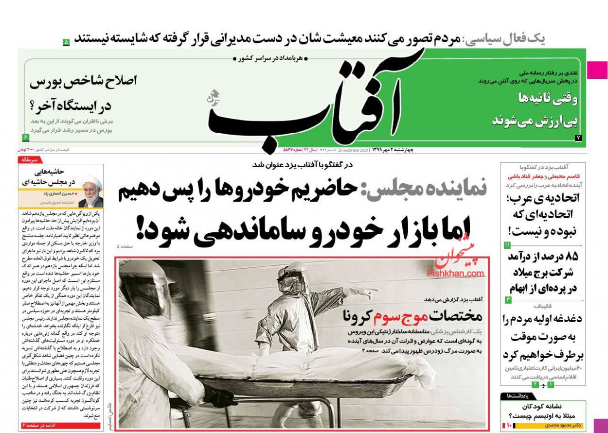 صفحه اول روزنامه آفتاب یزد