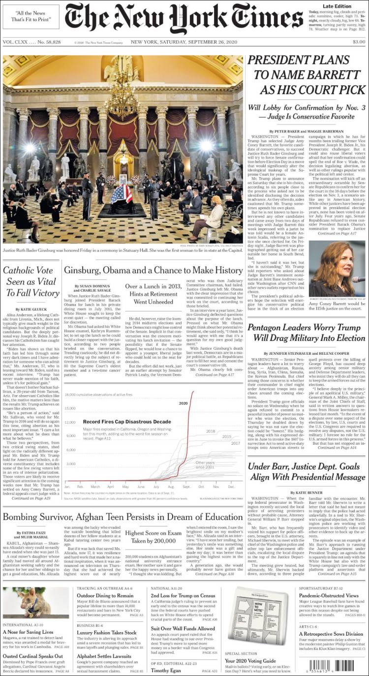 صفحه اول روزنامه نیویورک تایمز/ رای کاتولیک ها در انتخابات پاییز حیاتی دیده می شود