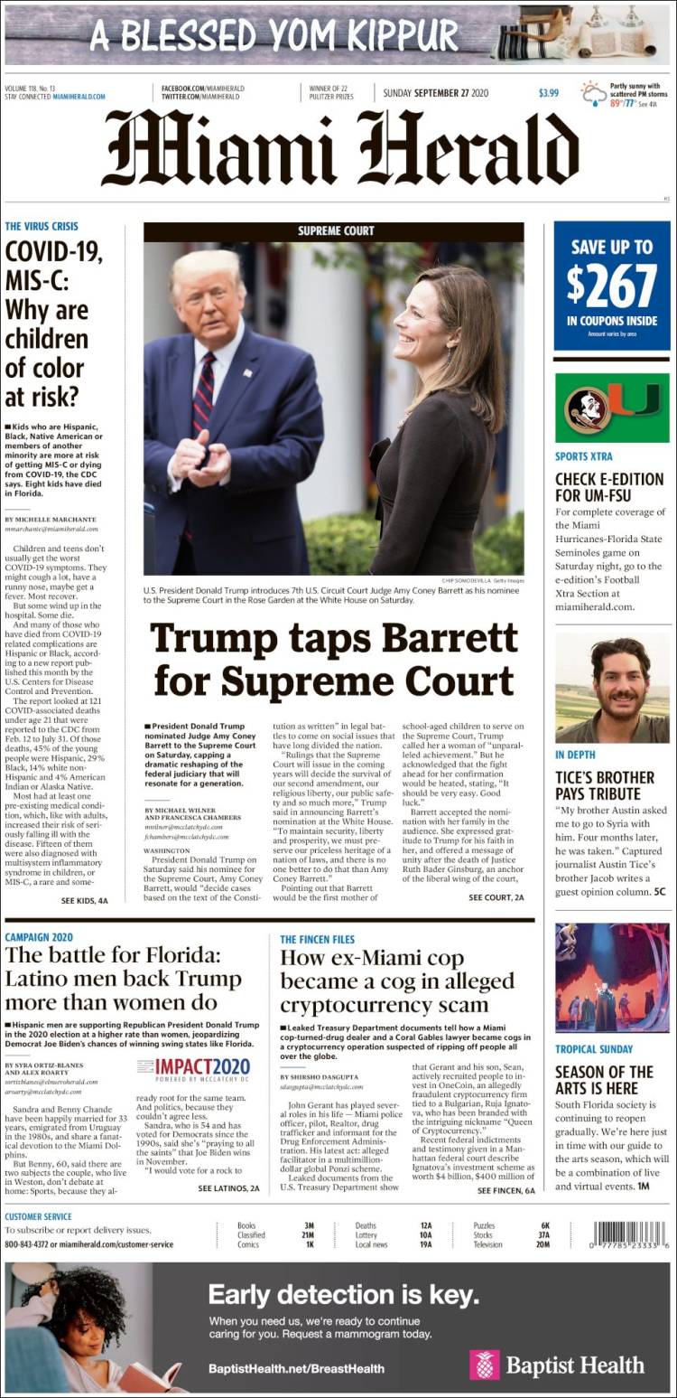 صفحه اول روزنامه میامی هرالد/ ترامپ، برت را برای دیوان عالی برگزید