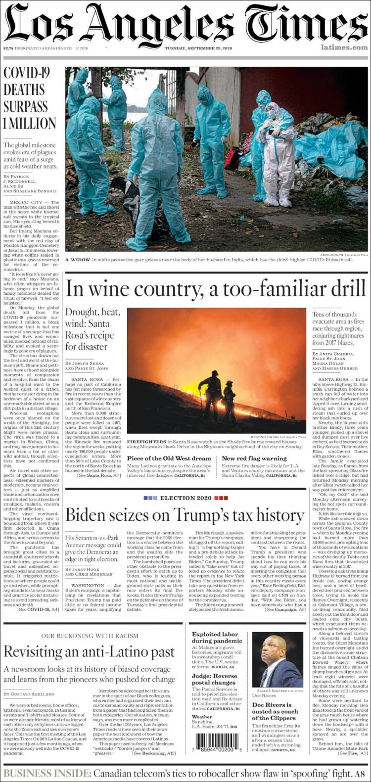 صفحه اول روزنامه لس آنجلس تایمز/ شمار قربانیان کووید-19 از یک میلیون نفر فراتر رفت