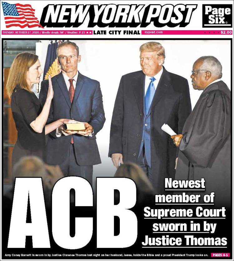 صفحه اول روزنامه نیویورک پست/ ای سی بی؛ جدیدترین عضو دیوان عالی با حضور قاضی توماس قسم یاد کرد